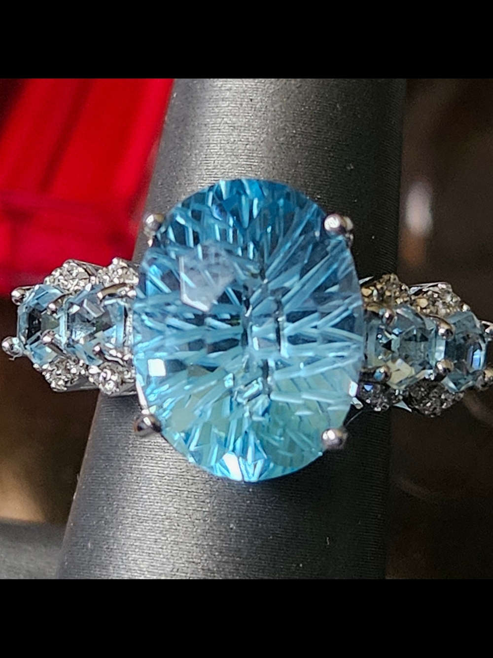 Honey Comb Cut Sky Blue Topaz and White Zircon 11.40 ctw Ring